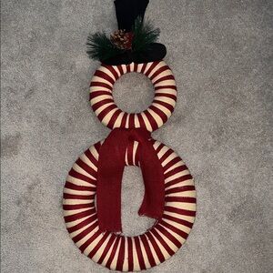 Vintage Hand crafted Festive Red and White Snowman Wreath Made with Burlap- EUC